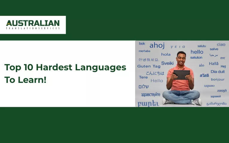 Banner showing multilingual greetings and learner highlighting hardest languages to learn globally.